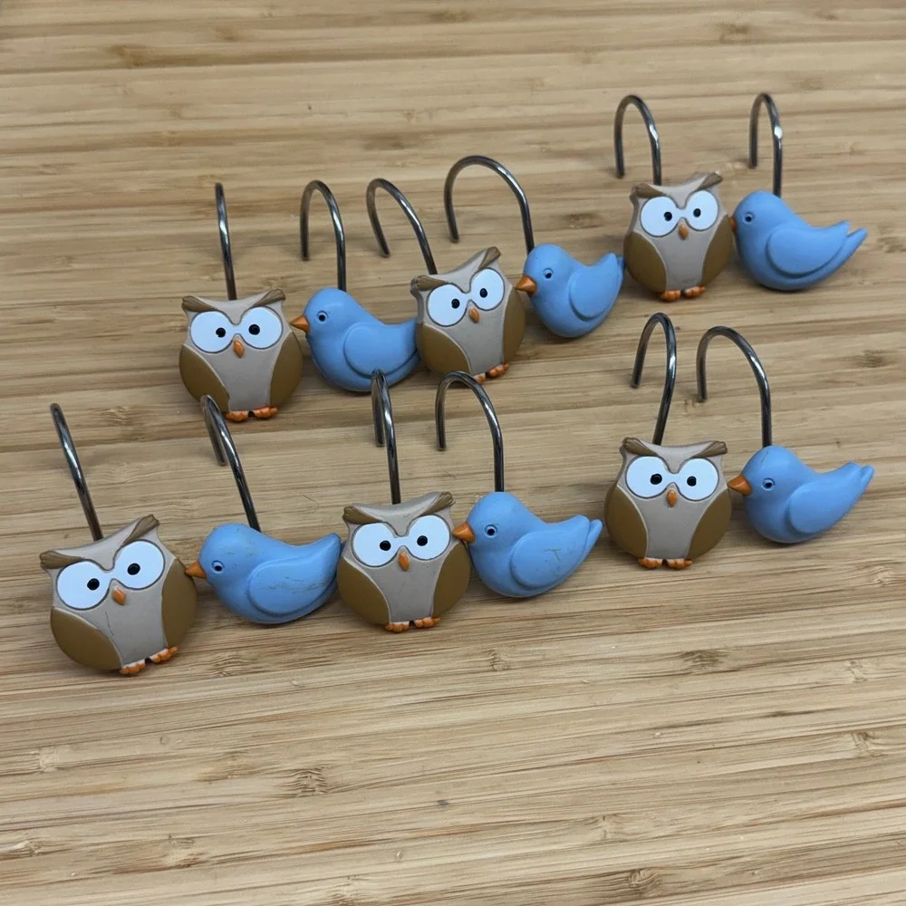 Owl and Blue Bird Shower Curtain Hooks Set of 12 Woodland Resin Kids Bathroom